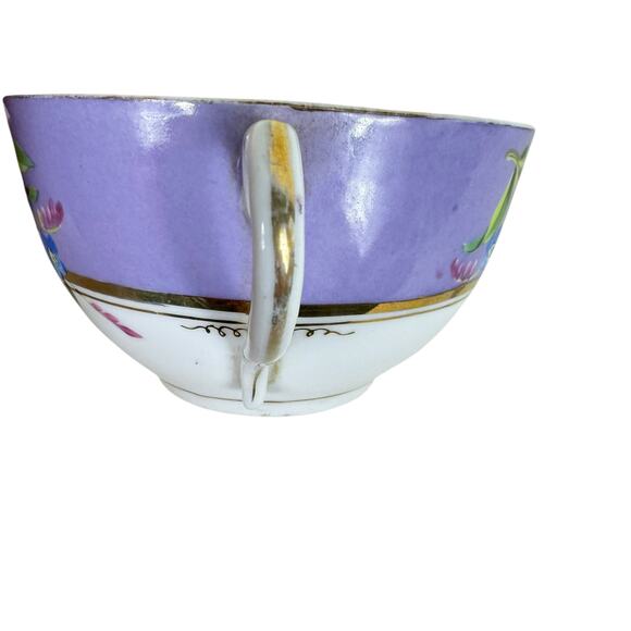 Vintage Hand Painted Floral Purple Mustache Saver Handled Tea Cup Gold Trim - Picture 3 of 5